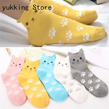 

Fashion Women Cute Cartoon Cat Footprints Pattern Casual Stockings Cotton Tube Stockings 5 pairs of cat stereo ear Stockings