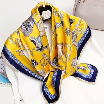 

Women Square Scarf Silk 88*88cm Brand 2020 Shawls and Wraps for Ladies Vintage Yellow Printed 100% Silk Scarves Square Bandana