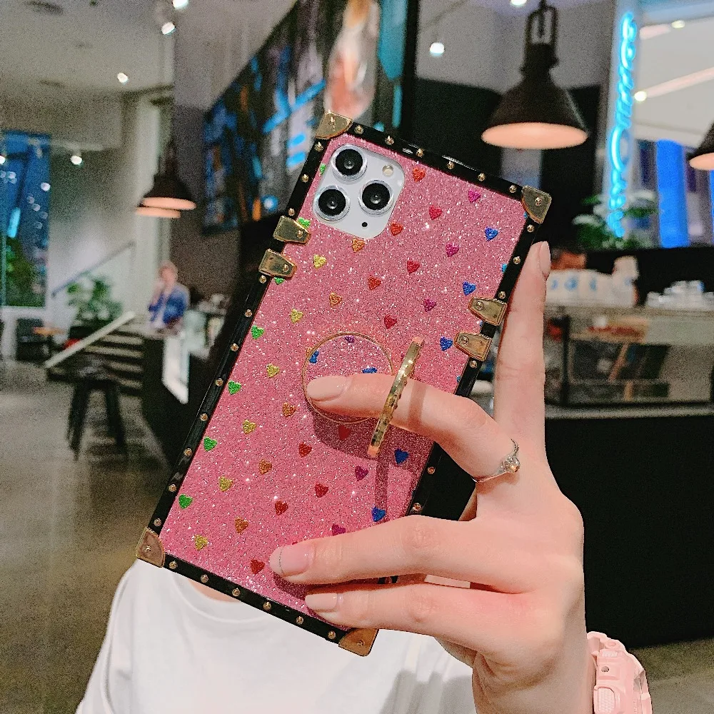 Блеск Любовь сердце квадратные Чехлы для samsung S10 плюс S9+ S8+ Note10 плюс 9 8 A70 A50 A40s A30 A20 A10 M20 M10 палец Стенд кожаный чехол