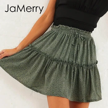 

JaMerry Ruffles High waist polka dot mini skirt women lace up A line skirt female 2020 Spring summer holiday beach ladies skirts