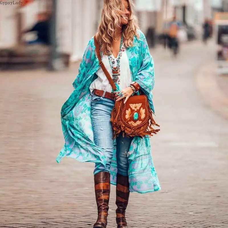 GypsyLady длинное кимоно Бохо блузка Рубашки для женщин синяя бабочка Пляжная накидка свободная летняя блуза кимоно Новинка blusas