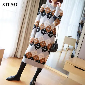 

XITAO Straight Knitted Dress Women Fashion 2019 Winter Elegant Patchwork Straight Full Sleeve Small Fresh Casual Dress DMY2050