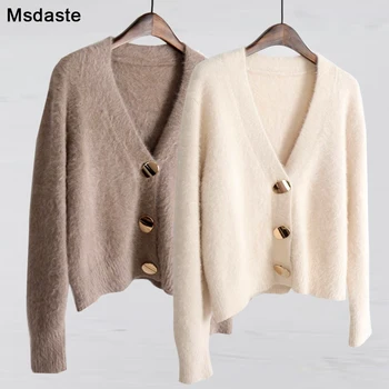 

Mohair Sweater Women Cardigans 2019 Winter V-neck Soft Knitted Tops Outwear solid White Brown Casual Woman Knitwear Sweaters