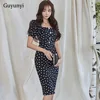 Dot Office Lady Dress 2022 Summer Elegant Party Dress Sexy Square Collar Puff Sleeve Single-Row Button High Waist Tight Dress ► Photo 1/5