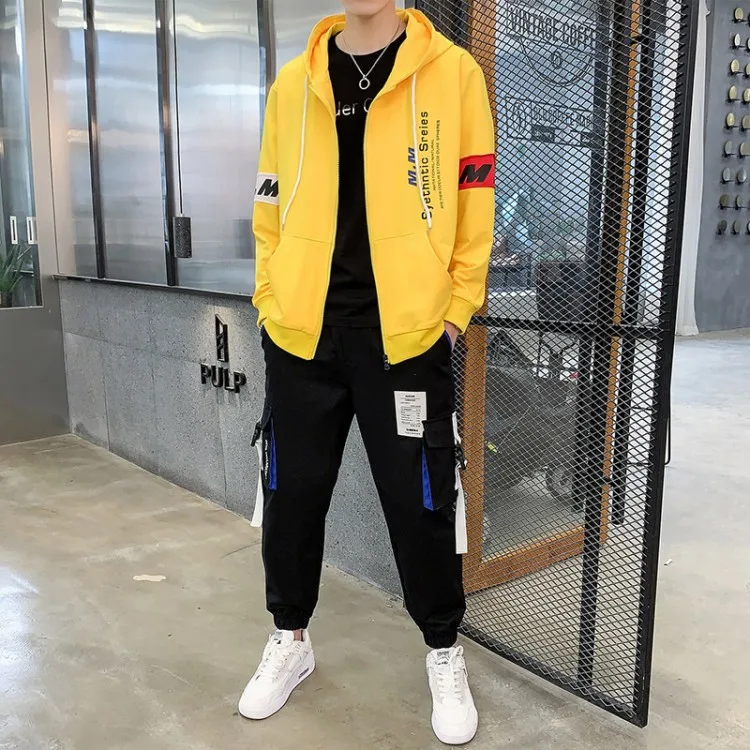 Yellow Новая мужская одежда спортивная Осенняя толстовка с капюшоном куртка+ брюки хип-хоп Уличный спортивный костюм комплект из двух предметов для мужчин спортивный костюм - Цвет: Yellow
