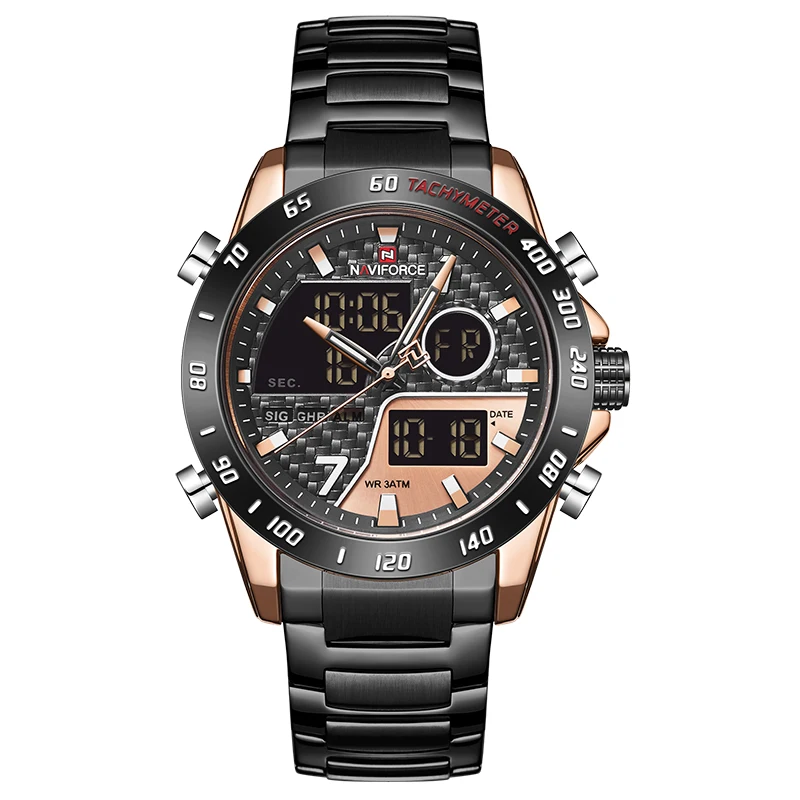 Rose Gold Black Мужские часы NAVIFORCE Топ бренд класса люкс полностью Стальные кварцевые часы мужские большие военные спортивные наручные часы Аналоговые Цифровые мужские часы - Цвет: Rose Gold Black