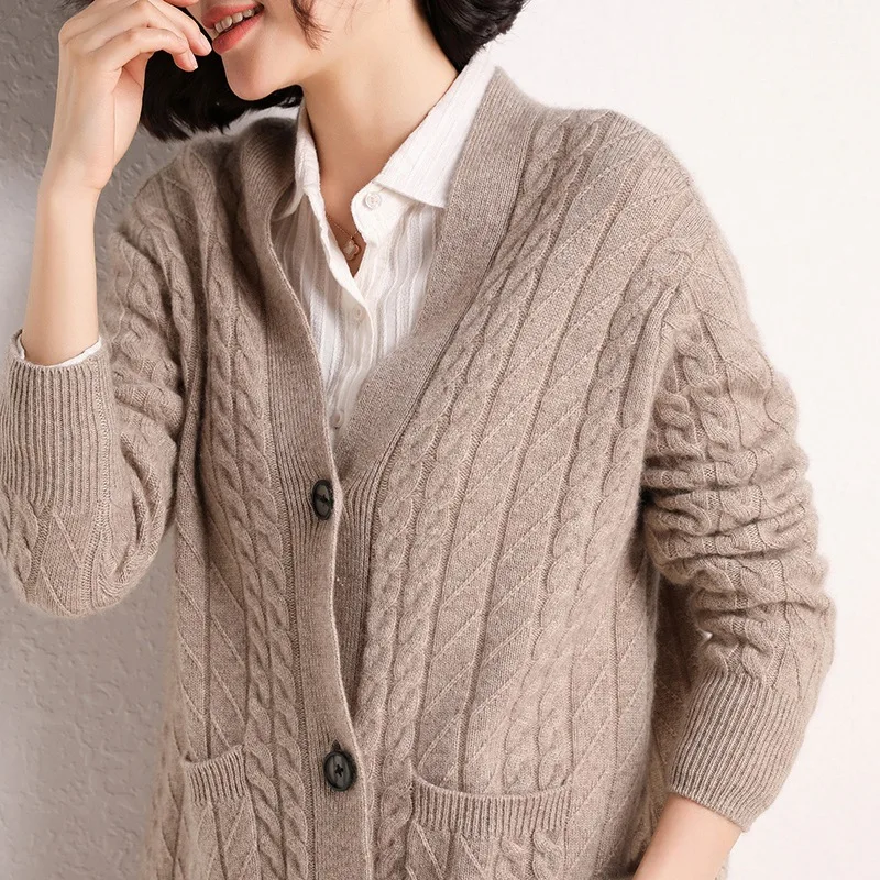 

Thick V-neck Linen Flower Color Cashmere Wool Cardigan Women's Loose-Fit Coat 2019 Autumn And Winter New Style Pocket Sweater Sh
