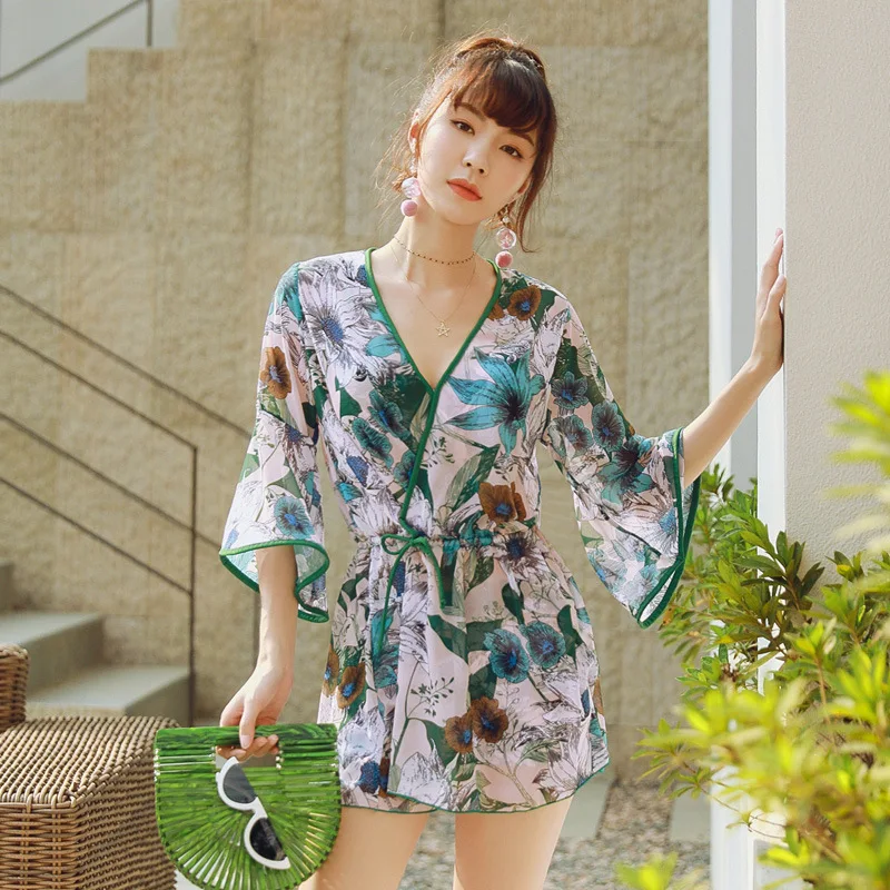 

South Korea Two-piece Swimsuits Women's Three-piece Set Bikini Graceful Blouse Boxer Small Bust Gathering Bubble Hot Spring Tour