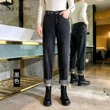 С высокой талией на пуговицах плюс размер Джинсы бойфренда для женщин Хлопок Черный Свободные шаровары мама джинсы Винтаж длиной до щиколотки джинсы брюки