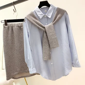 

New Fall Women Graceful Loose Blouse with Knitted Shawl & Knee-length Pencil Skirt Ladies Casual Cappa Suits Skirt 2pcs Set