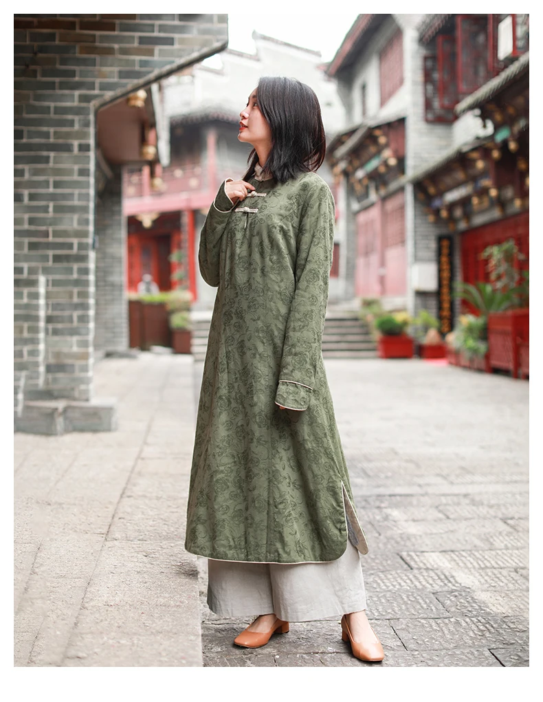 LZJN осенне-зимнее женское платье макси элегантное хлопковое льняное платье Ципао винтажное плотное теплое флисовое зимнее платье - Цвет: green