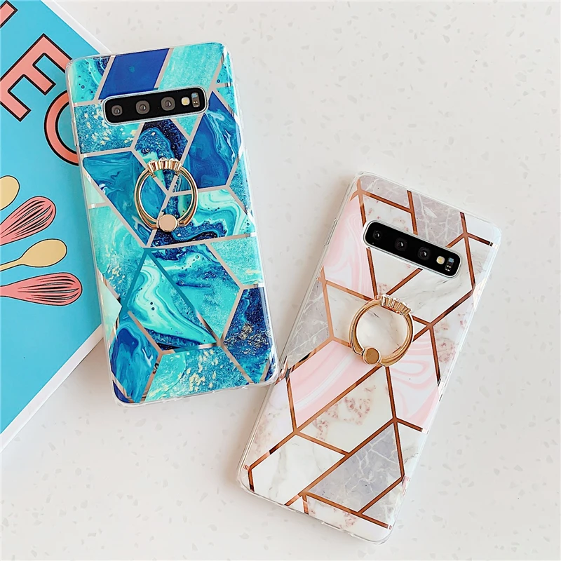 

KEXIN Plating Geometric Phone Case For Samsung S10e S10 S8 S9 Plus Ring Holder INS Marble For Samsung Galaxy A50 Shockproof Case