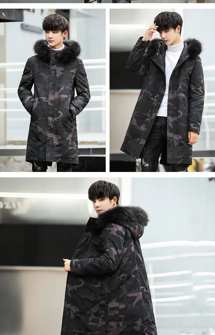 Thick Camouflage down Jacket Men Mid-length Hooded Cold White Duck down Coat Large Fur Collar 70 Velvet Korean-style Slim Fit