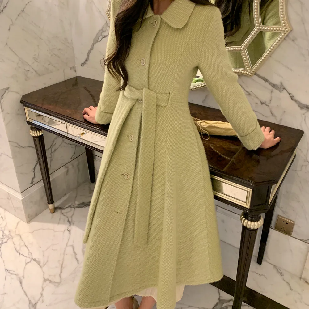 

New Fashion High Quality Street Wear Winter Thick Warm Long Belt Wool Coat Women Skirted Woolen Windbreaker Outwear Overcoat