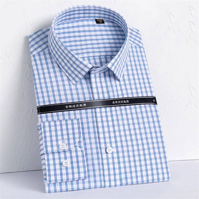 Pure Cotton DP Iron-Free business Checkered Shirts for men long Sleeve Easy Care Social formal dress Shirts Male pocketless tops