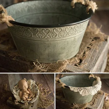 

Newborn Photo Props Retro Pattern Hemp Rope Iron Bucket Newborn Photo Shoot Posing Basket Studio Props Fotografia Accessories