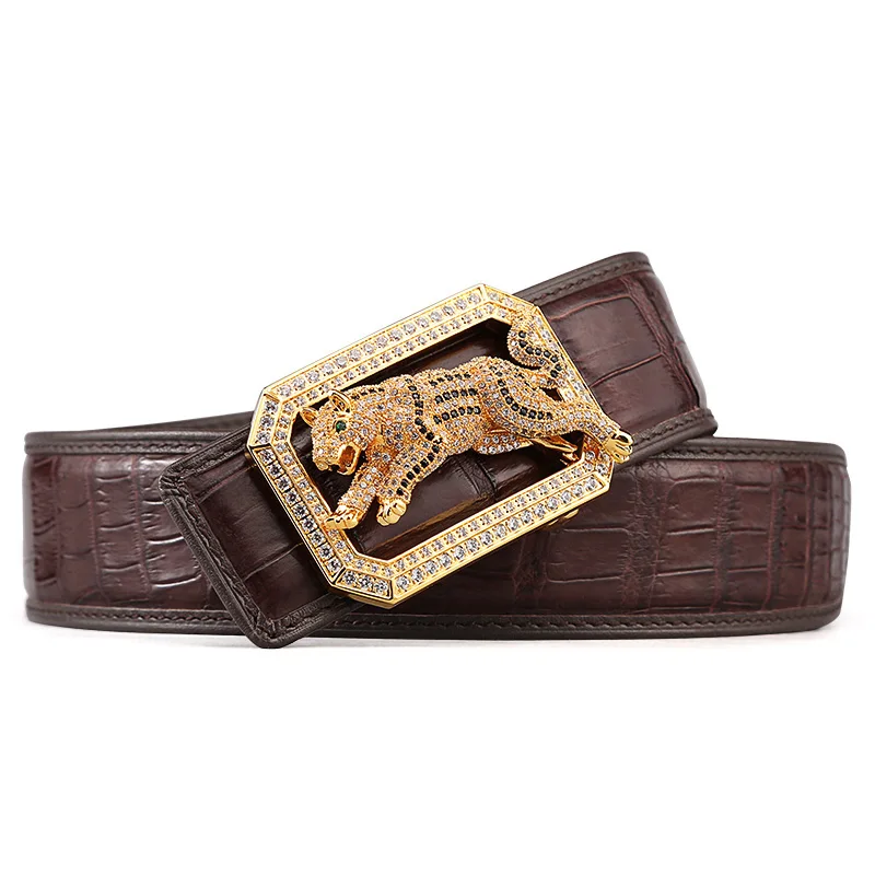 McParko Crocodile Belt Mens Leather Belts With Buckle Luxury Animal Design Genuine Leather Waist Belt with rhinestones Buckle - Цвет: dog brown