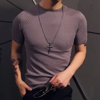 

2019Male High quality pure cotton slim fit Knit shirt/Men summer Ice silk Round collar Set head short sleeve knit sweaters S-3XL