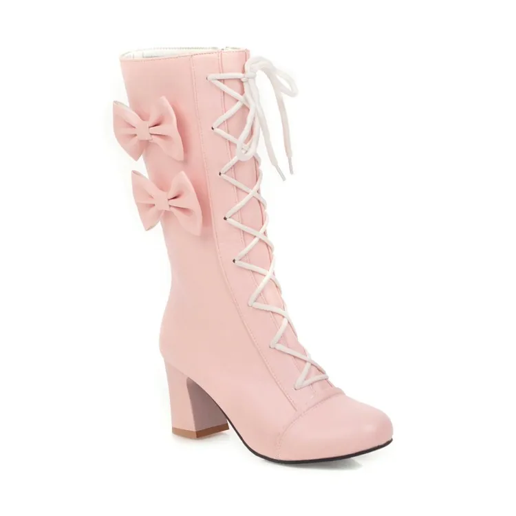 Осенне-зимние новые стильные милые ботинки с бантом женские ботинки на высоком каблуке с кружевом розовые ботинки в стиле «лолита» на шнуровке для студентов, большие размеры 34-43