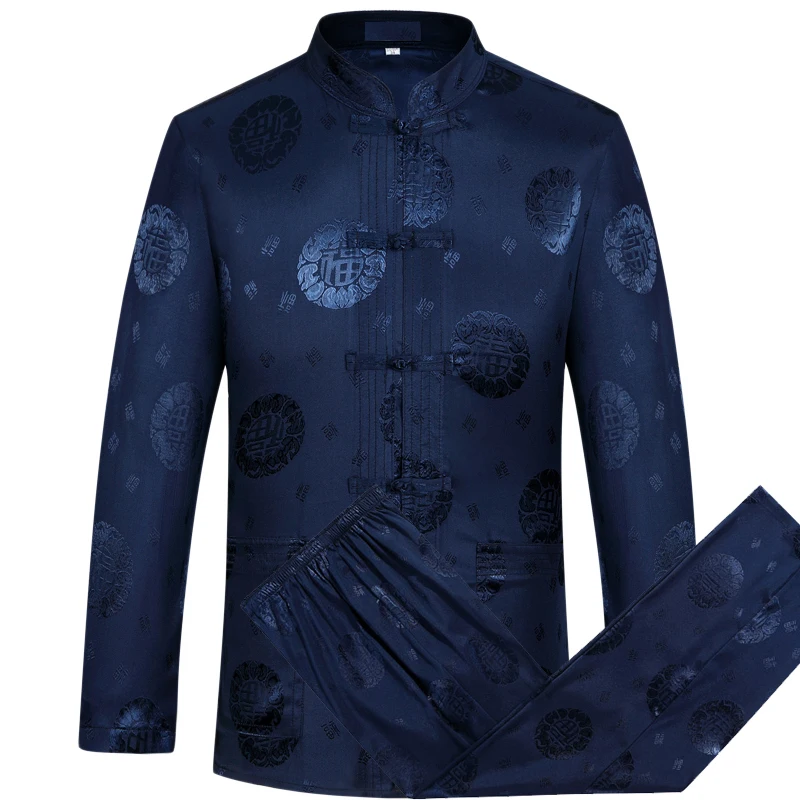 Gray Chinese Dragon Men's Tang Suit Sets Long Sleeve Shirt Long Pants Dragon Kung Fu Suit High Quality Silk Wu Shu Tai Chi Sets