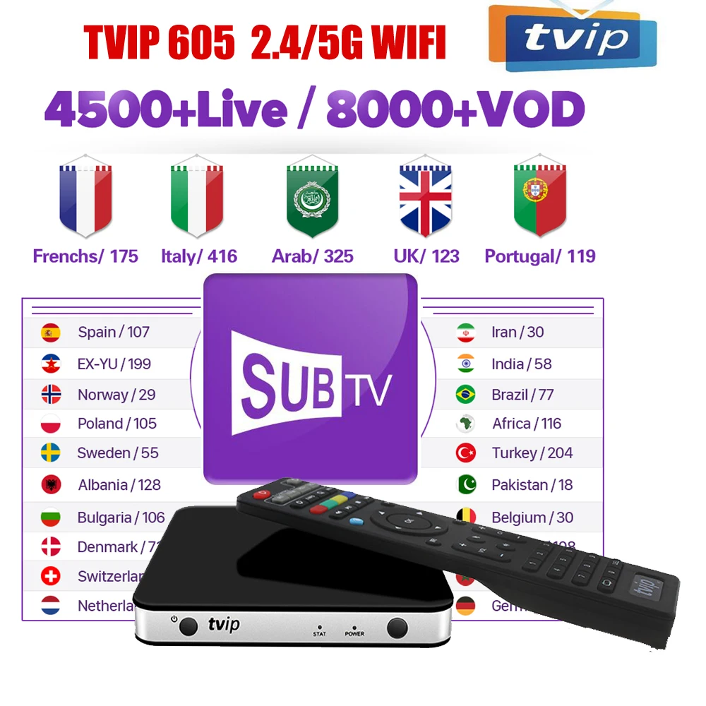 4K iptv приставка TVIP605 SUBTV 1 год IPTV подписка США CA французский арабский Бельгия итальянский Испания Европа android Linux 605