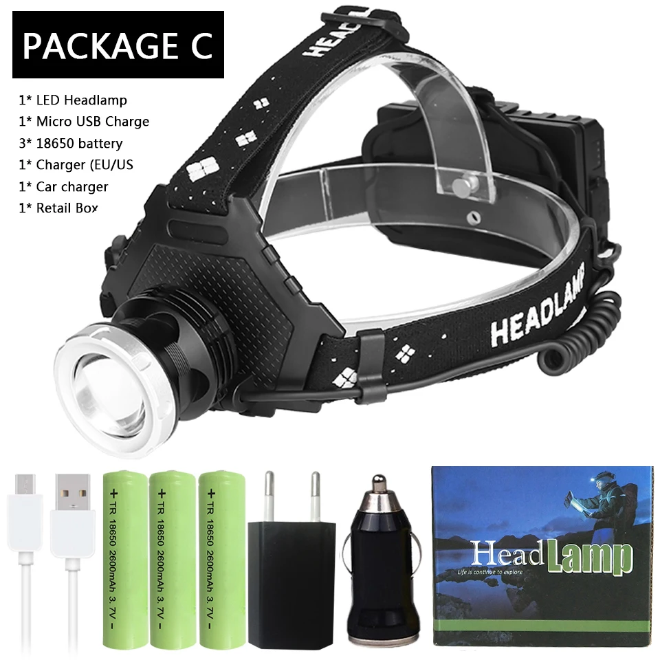 Package C XHP70.2 Новое поступление самая мощная светодиодная фара 32 Вт XHP50.2 zoom Головной фонарь блок питания 7800 мАч 18650 батарея Z90+ 2063 - Испускаемый цвет: Package C