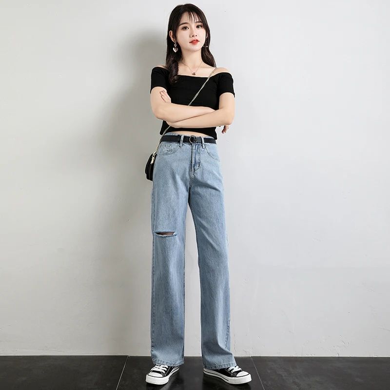 Women Casual Loose Straight Hole Jeans Simple Full Length Blue Denim Wide Leg Pants Fashion Streetwear Trousers With Pocket