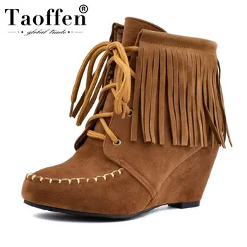 

Taoffen Plus Size 34-48 Ankle Boots For Women Fashion Tassel Winter Warm Fur Shoes Women European Casual Lacing Wedge Heel Boots