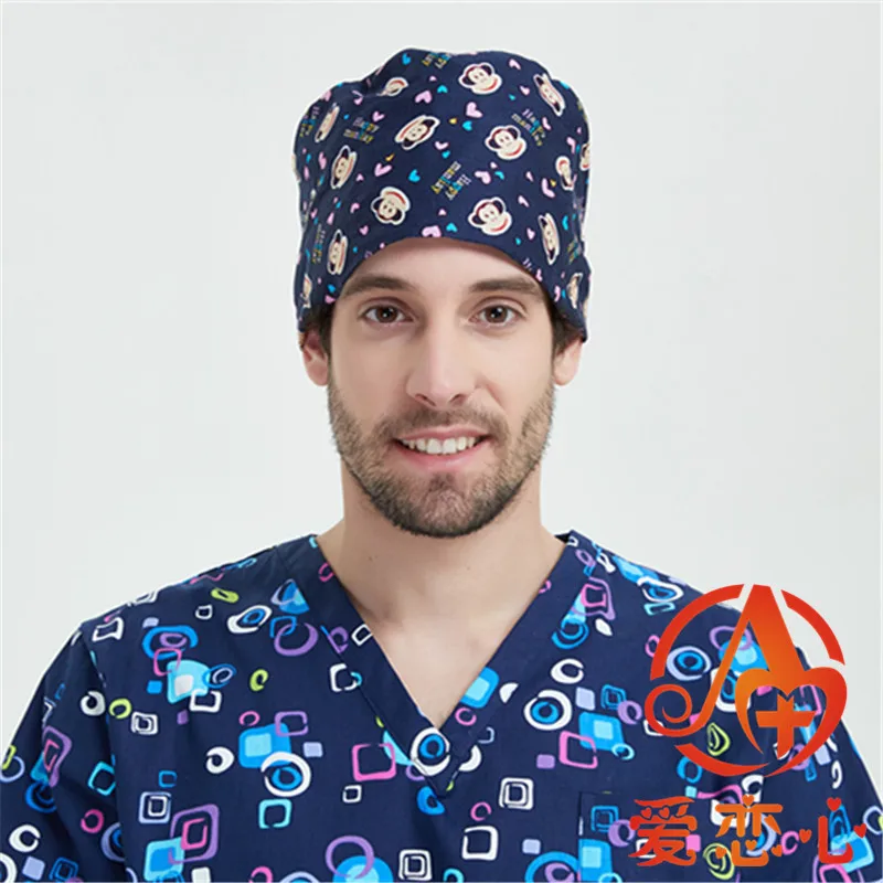 Новая ветеринарная больница Doctor Man Woman хирургическая Кепка махровые впитывающие пот печать хирургический головной убор Регулируемая короткая купольная хирургическая шапочка