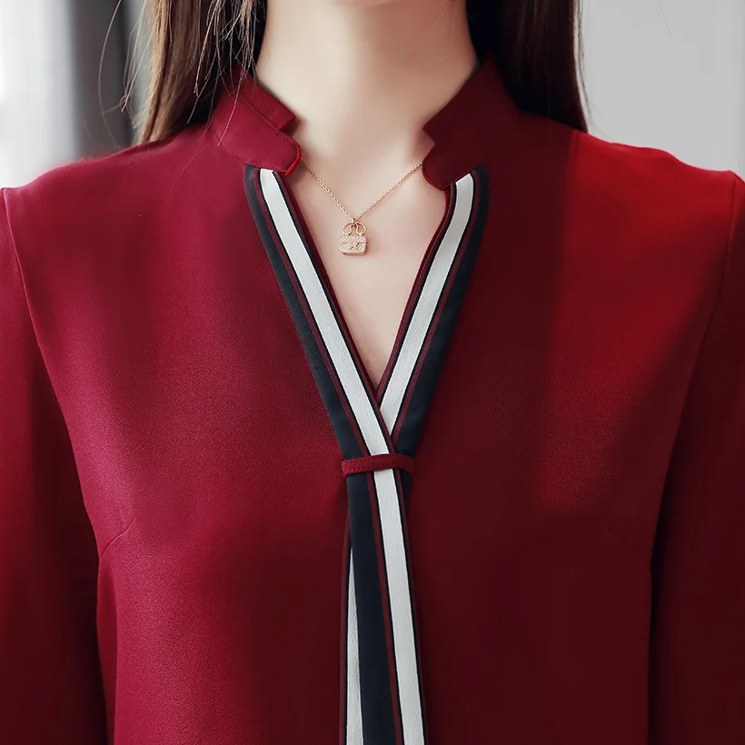 Blusas mujer de moda, осенняя модная блузка из шифона с длинными рукавами, Повседневная шифоновая рубашка с v-образным вырезом и длинными рукавами, офисные женские блузы