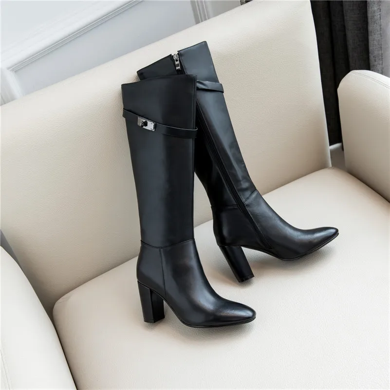 Meotina/зимние сапоги до колена женские высокие сапоги из натуральной кожи на толстом высоком каблуке обувь на молнии с круглым носком Женская Осенняя обувь, размеры 34-39 - Цвет: Black Velvet Lining