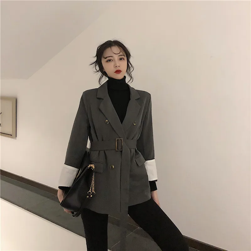 Корейский женский негабаритный блейзер тонкий черный пиджак и куртки Femme Tie Up Chaqueta Mujer Bleiser Feminino