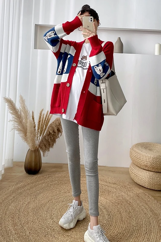 5865# Autumn Winter Korean Fashion Thicken Warm Knitted Maternity Cardigan Loose Chic Ins Sweaters for Pregnant Women Pregnancy