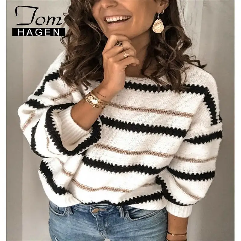 Женский зимний свитер большого размера вязаный теплый кашемировый полосатый
