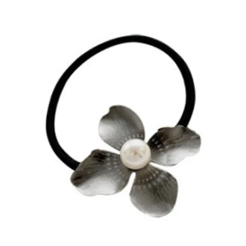Korean Metallic Delicate Rubber Band Womens Drawbench Four Petals Flower Hair Rope Imitation Pearl DIY Styling 2