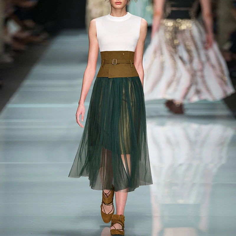 

HIGH QUALITY Newest 2019 Runway Dress Women's Sleeveless Knitting Top Gauze Skirt Set