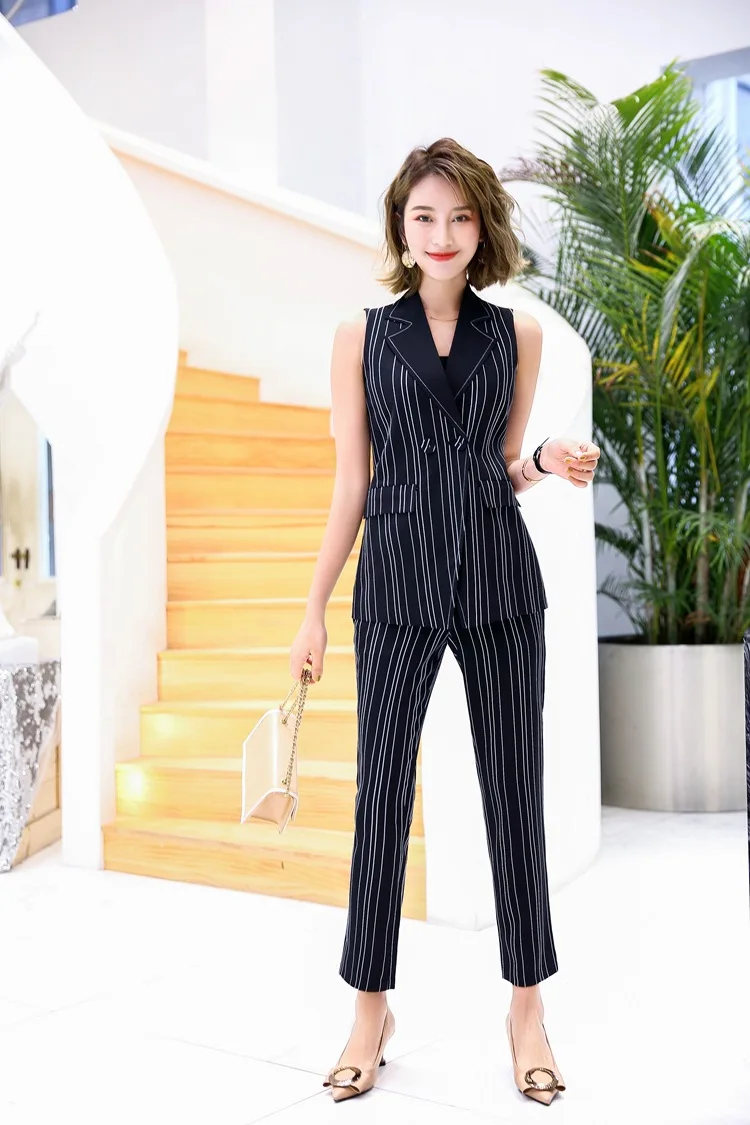 black vest and pant IZICFLY Летний Стиль полосатая куртка без рукавов женские костюмы со штанами и блейзером Тонкий деловой офисный жилет Женская рабочая одежда - Цвет: black vest and pant