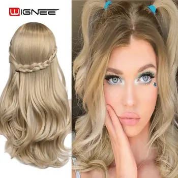 

Wignee 2 Tone Ombre Long Blonde Wavy Hair Heat Resistant Synthetic Wig For Women Middle Part Cosplay/Party Natural Hair Wigs