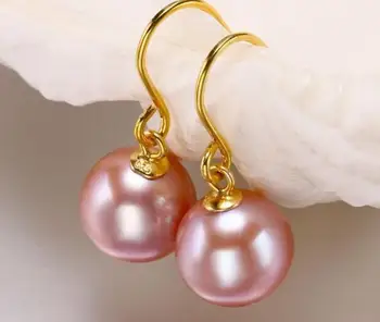 

gorgeous AAA10-11mm round south sea lavender pearl dangle earring 14k