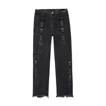Pantalones vaqueros estilo Vibe para hombre, Jeans con correa ajustable, color negro, Vintage, con bordes rugosos, rectos, estilo Hip Hop, 2021