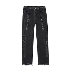 Pantalones vaqueros estilo Vibe para hombre, Jeans con correa ajustable, color negro, Vintage, con bordes rugosos, rectos, estilo Hip Hop, 2021