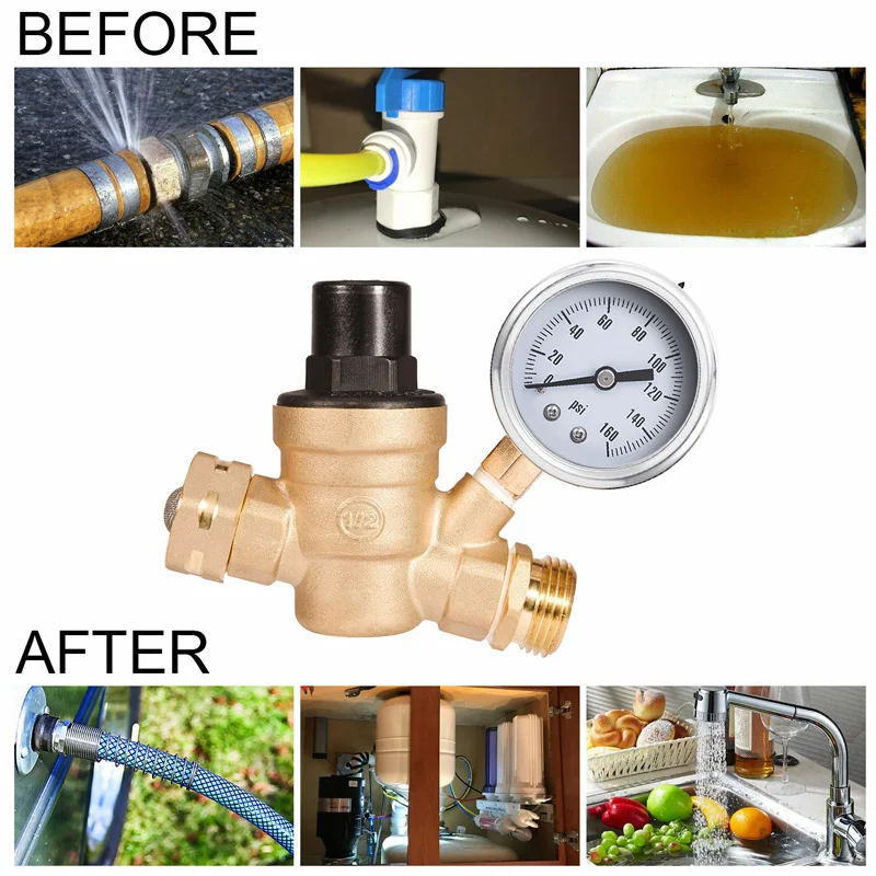 

Water Pressure Regulator 160PSI RV Water Pressure Regulator Adjustable Reducer Stainless Gauge & Filter
