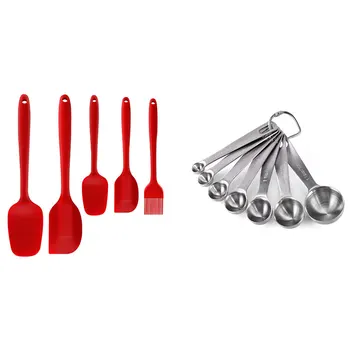

7x Stainless Steel Measuring Spoons Stackable Measure Spoon & 5 Piece Non-Stick Heat Resistant Silica Gel Spatula Set