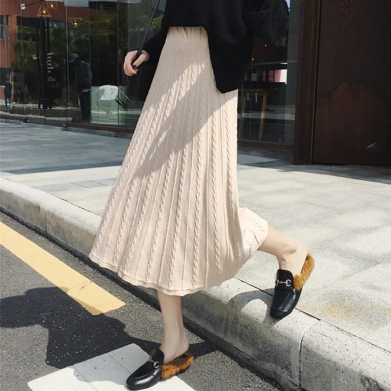 

2019 New Style Autumn And Winter Mid-length Thick Slimming High-waisted A- line Skirt-Style Long Skirts Thread Knitted Skirt Wom