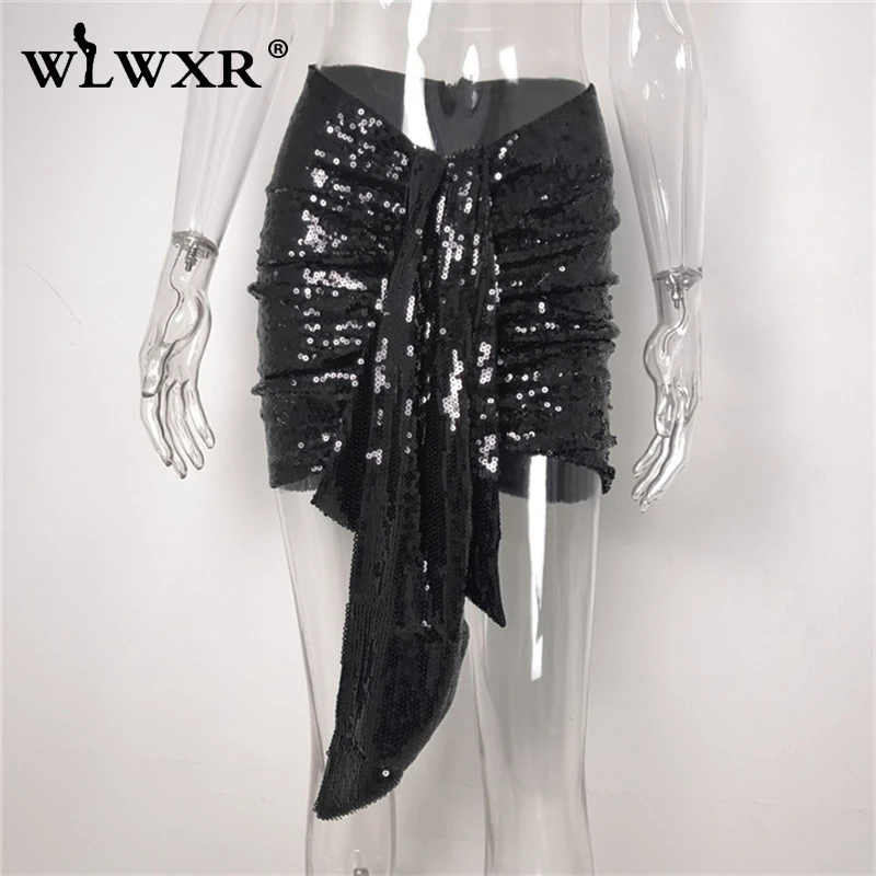 WLWXR/Пикантные мини-юбки из искусственной кожи; Женская Асимметричная черная юбка с блестками и высокой талией; Клубные вечерние юбки-карандаш в складку