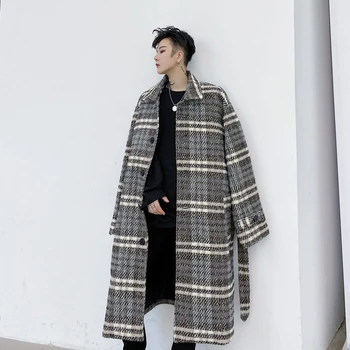 

Men Autumn Winter Loose Causal Wool Plaid Long Trenchcoat Male Streetwear Vintage Woolen Coat Belt Windbreaker Jacket Outerwear