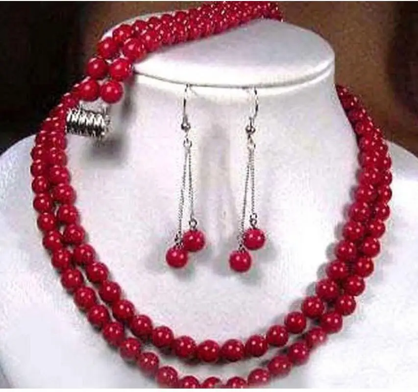 Free shipping 2 rows Natural Tibet red coral round beads necklace earrings bracelet set AAA jade | Украшения и аксессуары