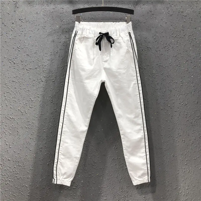 

Spring Ankle-length Women Pants Plus Size Cotton Denim Loose Side stripe Harem Pants Elastic Waist Casual White Pants D329