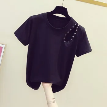 

White Tee Women 2020 Summer New Korean Style Metal Rivet Hole Hollow Short Sleeve Round Collar T-shirt Women's All-match Shirt