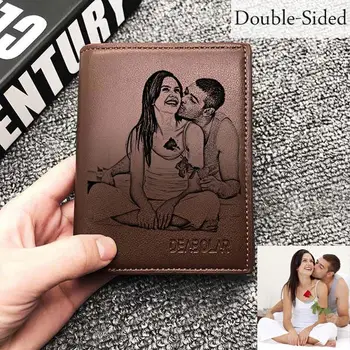 

Wallet Men's Custom Photo Engraving Short Wallet Brown Personalized Minimalist Compact Wallet Custom Gift for Men Him Husband